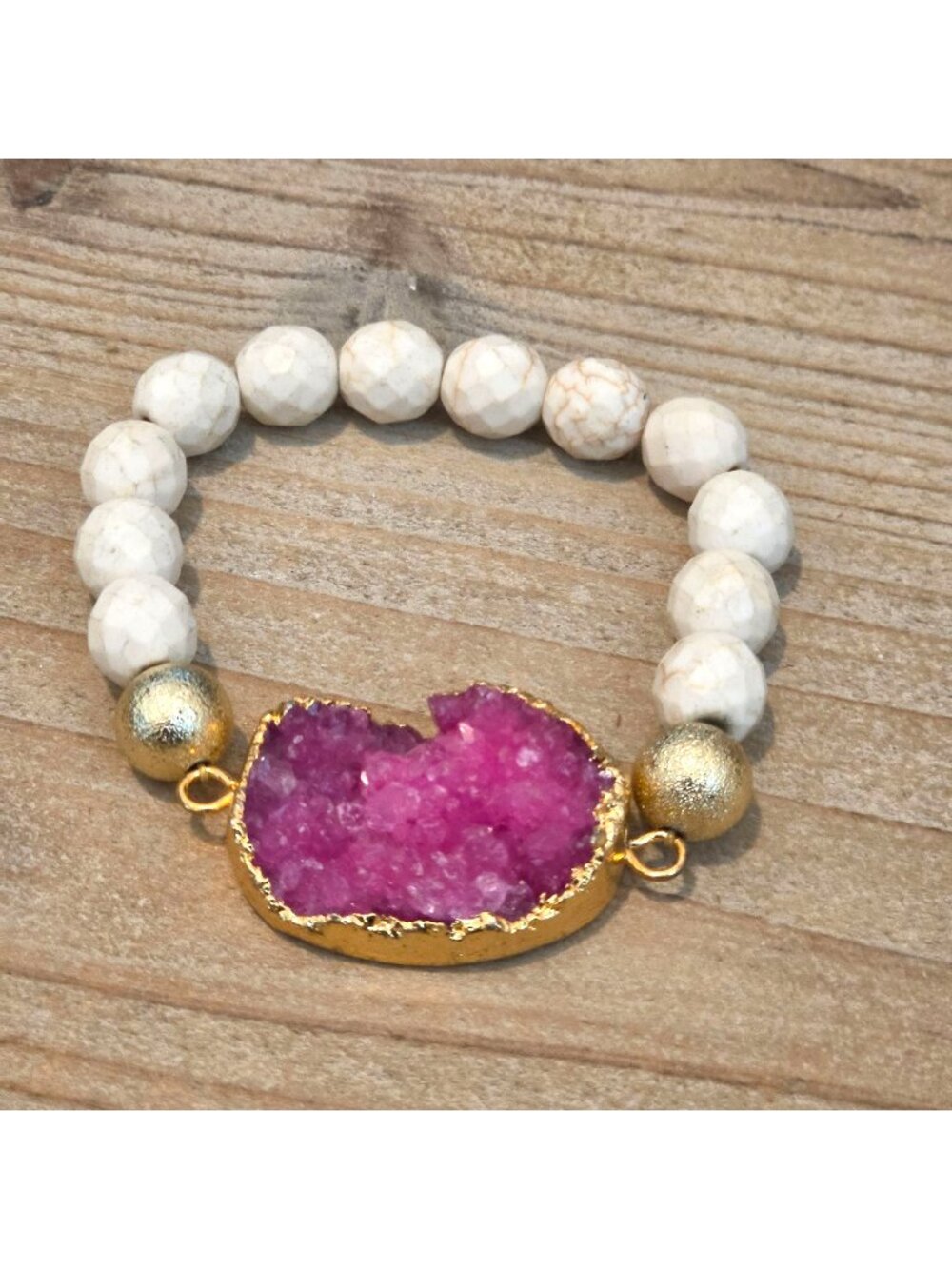 Dark Pink Drusy Quartz Stone Stretchable White Howlite Beaded Stretch Bracelet